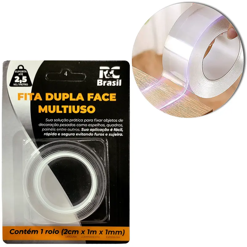 FITA ADESIVA DUPLA FACE DE GEL TRANSPARENTE 2CMX1MX1MM