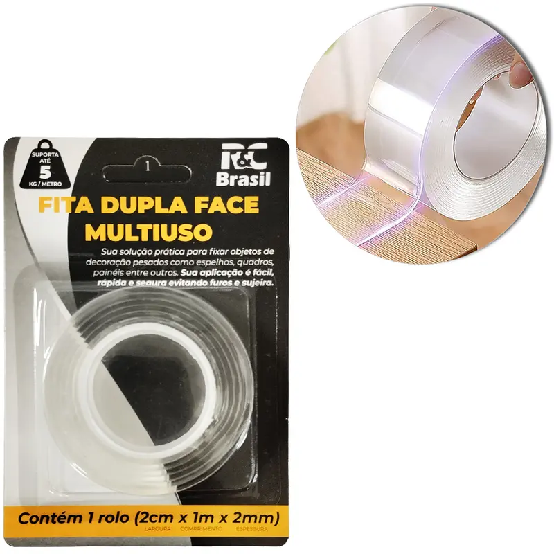FITA ADESIVA DUPLA FACE DE GEL TRANSPARENTE 2CMX1MX2MM