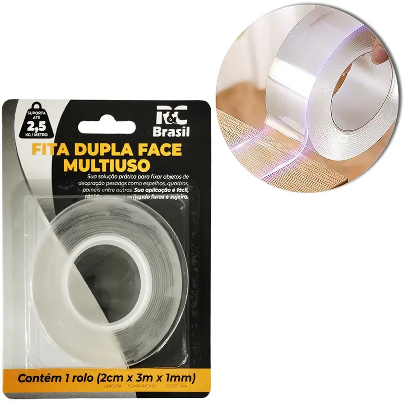 FITA ADESIVA DUPLA FACE DE GEL TRANSPARENTE 2CMX3MX1MM