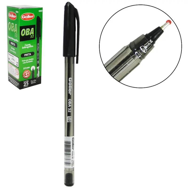 CANETA ESFEROGRAFICA PRETA OBA52 1.0MM ESCRITA MEDIA COM 25 PECAS NA CAIXA