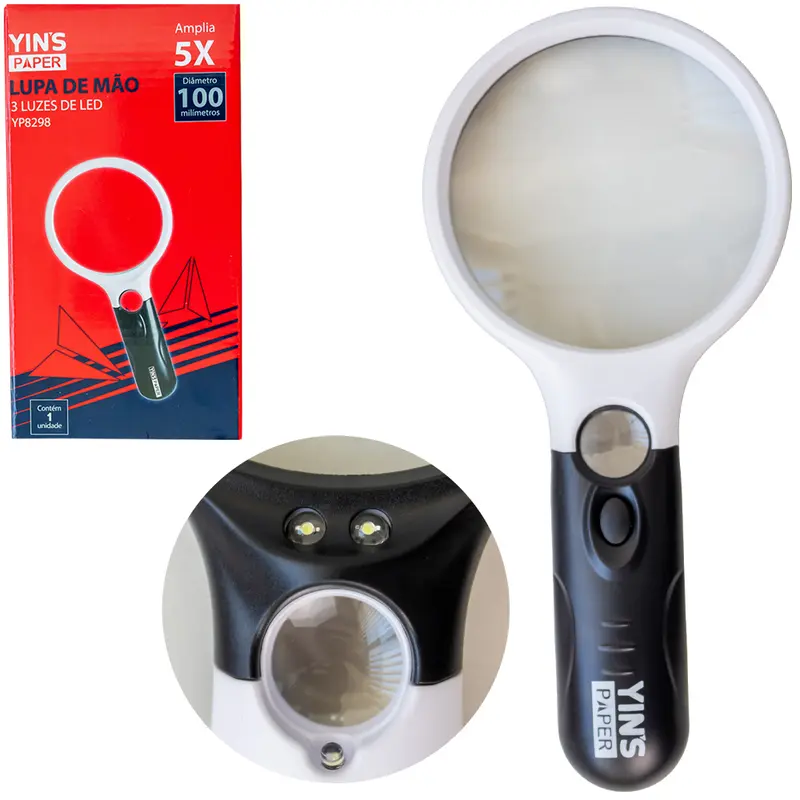 LUPA DE MAO 3 LUZES DE LED + 2 LENTES ACRILICO 85MM AUMENTA AMPLIA 5X YINS PAPER PILHA