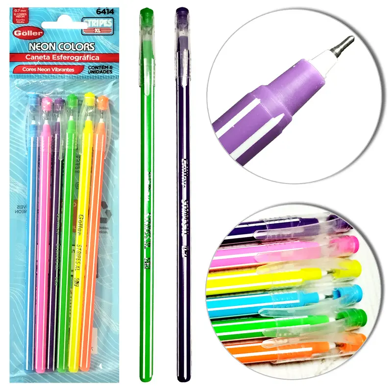 CANETA ESFEROGRAFICA STRIPES XL NEON COLORS VIBRANTES 0.7MM ESCRITA MEDIA 6 PECAS