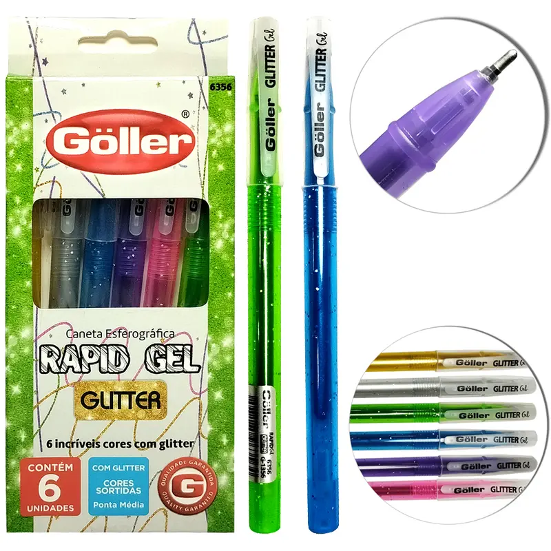 CANETA ESFEROGRAFICA RAPID GEL GLITTER COLORS 1.0MM PONTA MEDIA COM 6 PECAS