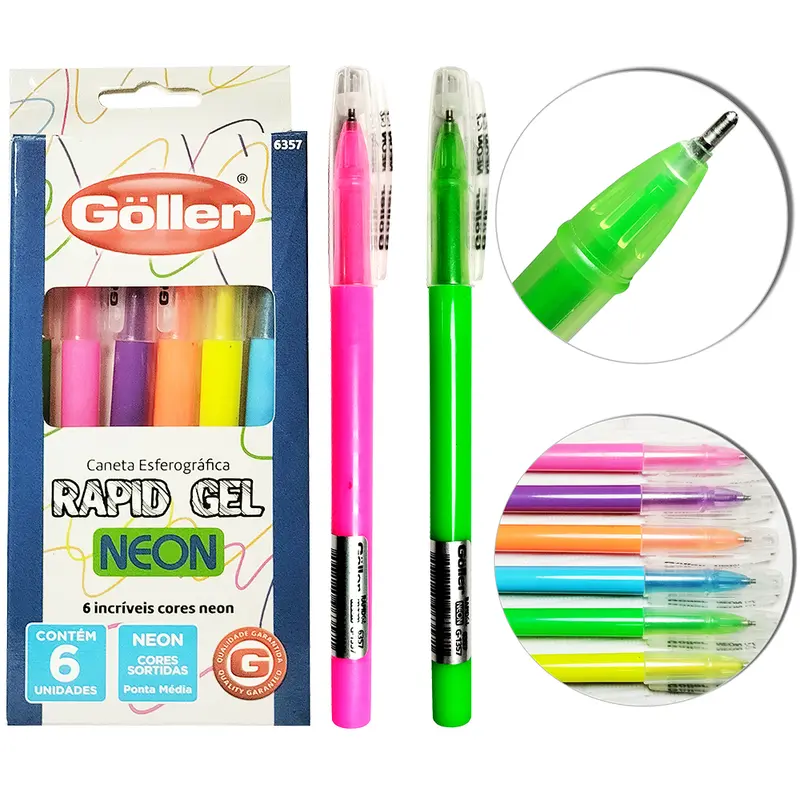 CANETA ESFEROGRAFICA RAPID GEL NEON COLORS 1.0MM PONTA MEDIA COM 6 PECAS
