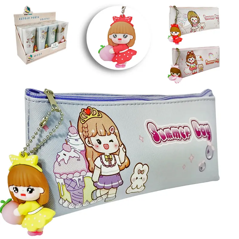 ESTOJO PORTA OBJETOS DE PVC RETANGULAR FEMININO SUMMER DAY COM CHAVEIRO MENINA INTER PAPER 21X9X3CM