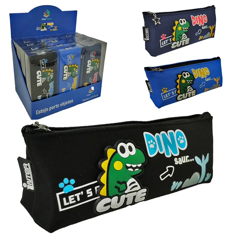 ESTOJO PORTA OBJETOS POLIESTER EMBORRACHADO RETETANGULAR MASCULINO DINOSAUR CUTE COM ZIPER INTER PAPER 21X9X4CM