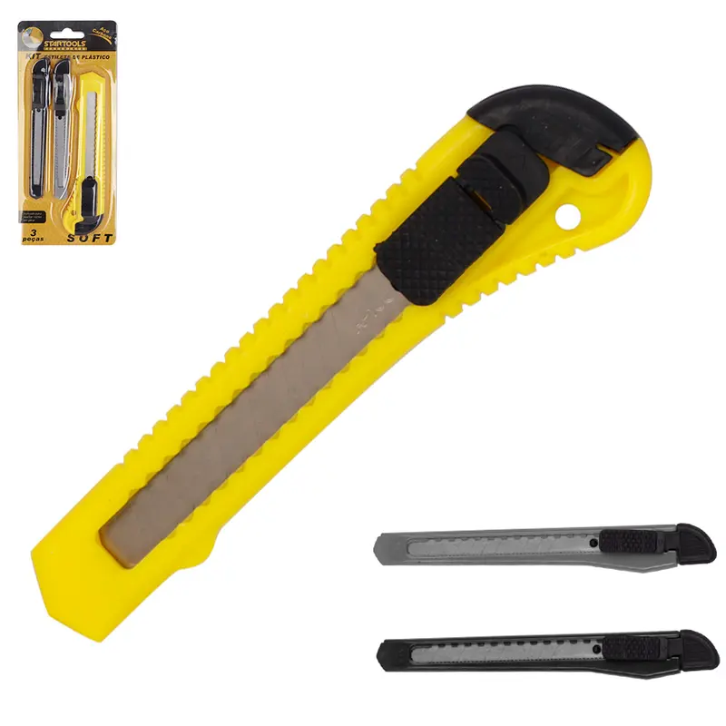 ESTILETE LAMINA LARGA/ESTREITA 18 / 9MM DE PLASTICO SOFT COM 3 PECAS 15 / 13CM