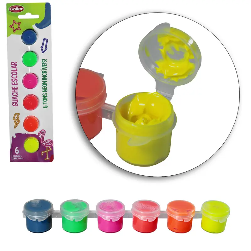 TINTA GUACHE ESCOLAR COM 6 CORES NEON 3,8ML