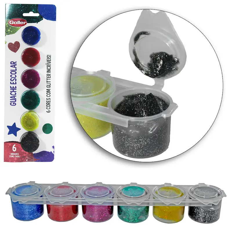 TINTA GUACHE ESCOLAR COM 6 CORES COM GLITTER 15ML