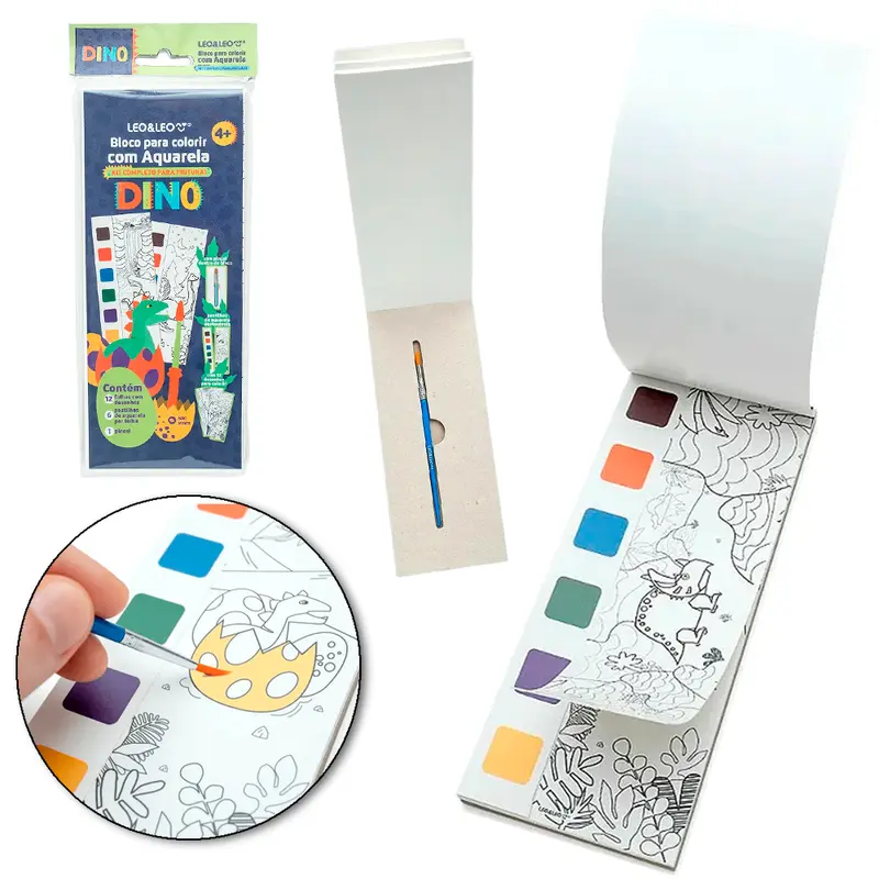 BLOCO DINOSSAURO AQUARELA COM 6 PASTILHAS + PINCEL 12 PAGINAS 19,2X8CM
