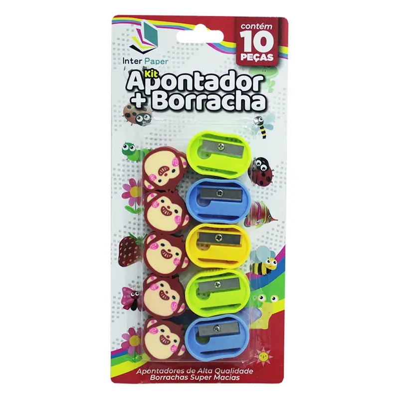 KIT ESCOLAR COM APONTADOR + BORRACHA MACAQUINHO INTER PAPER 10 PECAS
