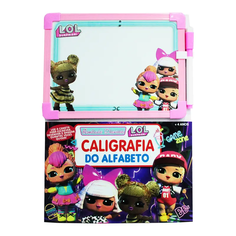 LIVRO COM QUADRO / LOUSA BRANCA LOL SURPRISE CALIGRAFIA DO ALFABETO ESCREVA E APAGUE + CANETA COM APAGADOR