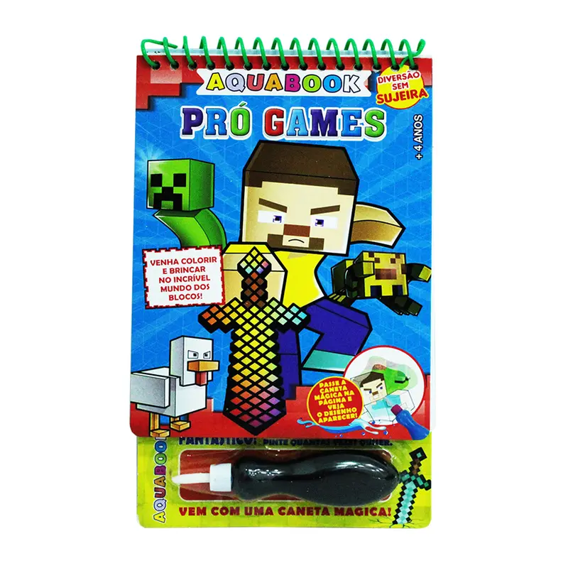 LIVRO AQUABOOK PRO GAMES + CANETA PARA COLORIR COM AGUA 4 PAGINAS 23X14CM