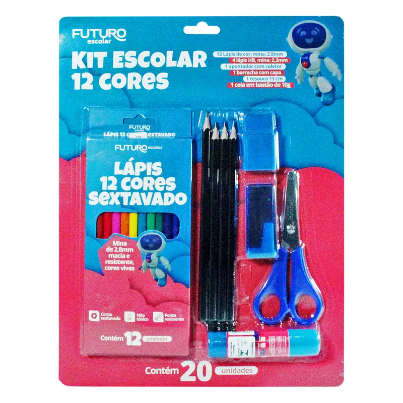 KIT ESCOLAR COM 12 LAPIS DE COR + 4 LAPIS GRAFITE + APONTADOR + BORRACHA + COLA E TESOURA FUTURO ESCOLAR