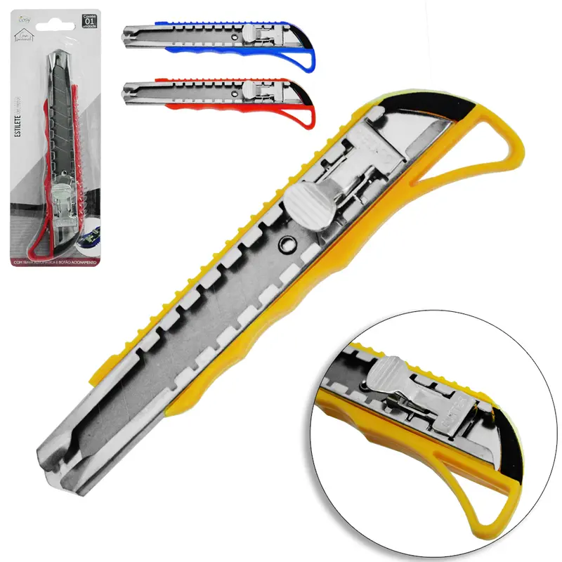 ESTILETE LAMINA LARGA 18MM DE PLASTICO COM TRILHO DE METAL 16CM