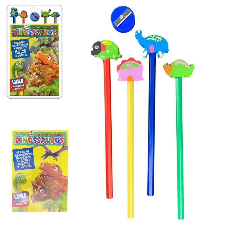 LIVRO PRANCHETA DIVERTIDA DINOSSAUROS PARA COLORIR COM 4 LAPIS DE COR + 4 BORRACHAS E APONTADOR