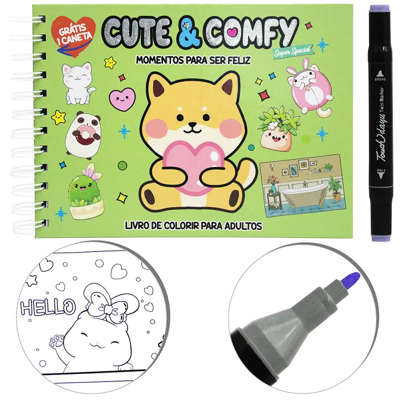 LIVRO CUTE & COMFY MOMENTOS PARA SER FELIZ PARA COLORIR COM CANETA CAPA DURA ESPIRAL 40 PAGINAS 22X16CM