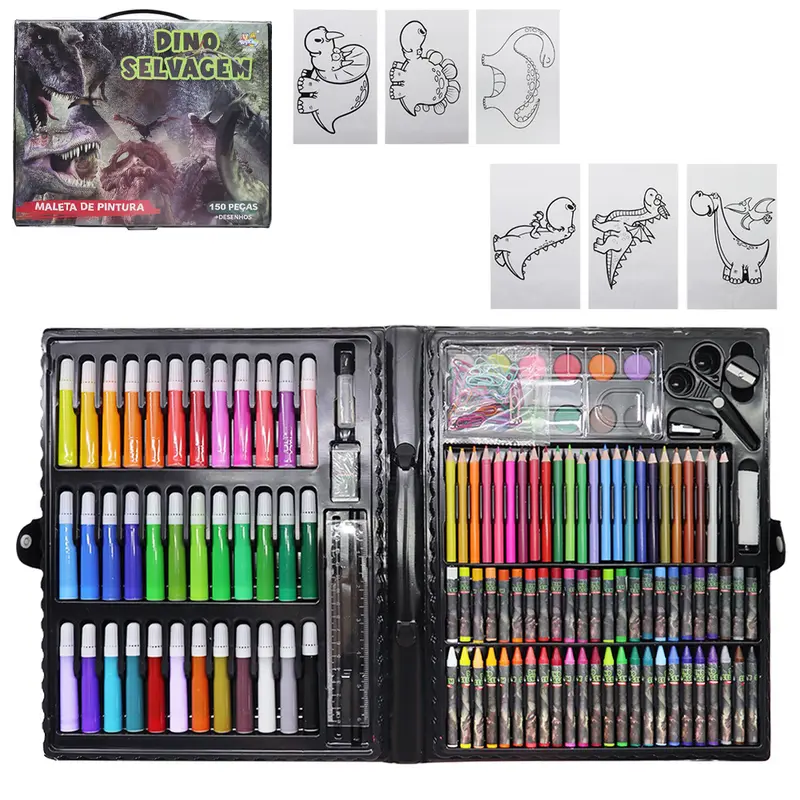 ESTOJO MALETA ESCOLAR DINO SELVAGEM COM LAPIS DE COR + GIZ DE CERA E ACESSORIOS 150 PECAS