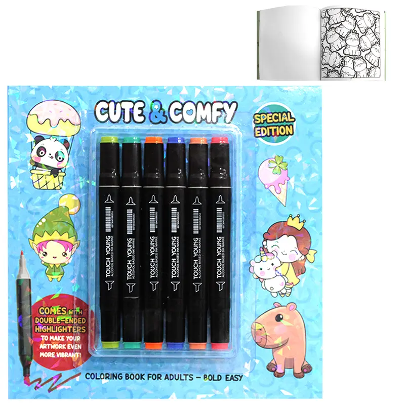 LIVRO CUTE & COMFY COLORING BOOK FOR ADULTS - BOLD EASY PARA COLORIR COM 6 CANETAS DUPLA 65 PAGINAS 23X23CM
