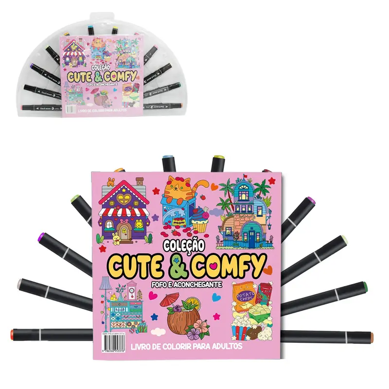 LIVRO COLECAO CUTE & COMFY FOFO ACONCHEGANTE PARA COLORIR COM 12 CANETAS DUPLA 48 PAGINAS 21X21CM