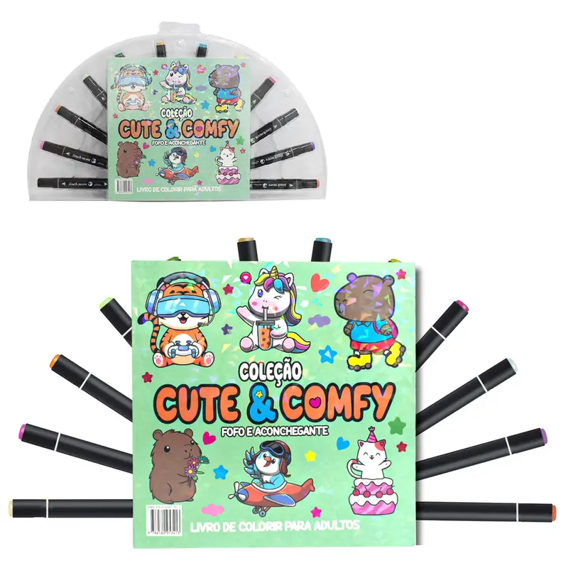 LIVRO COLECAO CUTE & COMFY FOFO ACONCHEGANTE PARA COLORIR COM 12 CANETAS DUPLA 48 PAGINAS 21X21CM