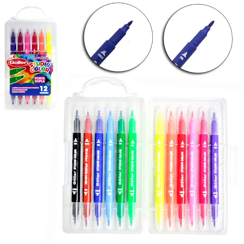 CANETA HIDROGRAFICA / HIDROCOR PONTA GROSSA E FINA DUPLA STUDIO COLOR COM 12 PECAS NA MALETA
