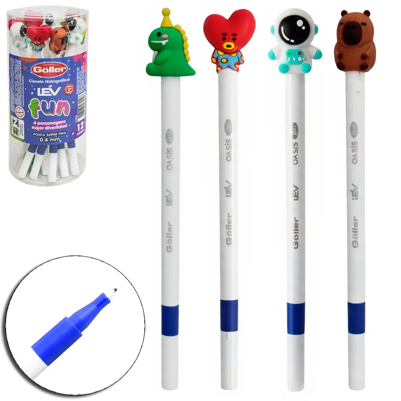 CANETA HIDROGRAFICA PONTA SUPER FINA 0.4MM LEV FUN PERSONAGENS SUPER DIVERTIDOS COM 12 PECAS