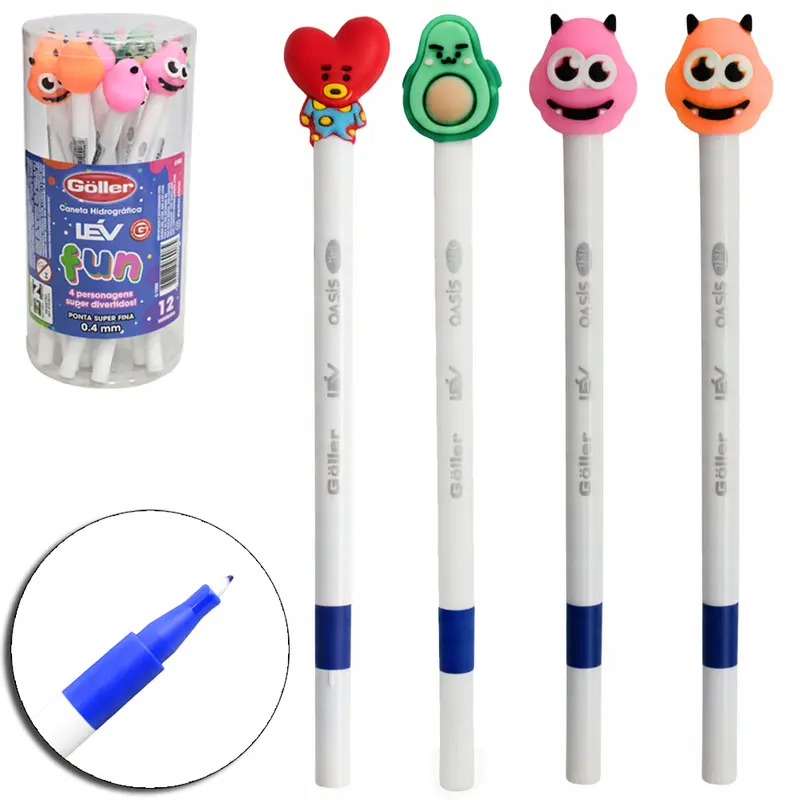 CANETA HIDROGRAFICA PONTA SUPER FINA 0.4MM LEV FUN PERSONAGENS DIVERTIDOS COM 12 PECAS