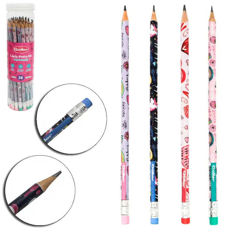 LAPIS GRAFITE HB REDONDO COM BORRACHA COM 36 PECAS 19CM NO TUBO