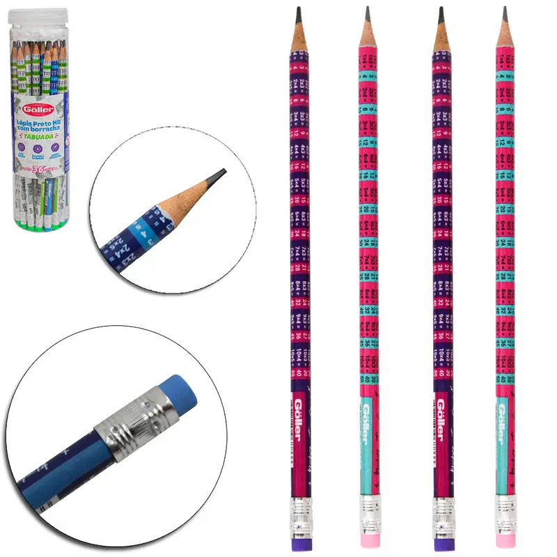 LAPIS GRAFITE HB REDONDO TABUADA COM BORRACHA COM 36 PECAS 19CM NO TUBO