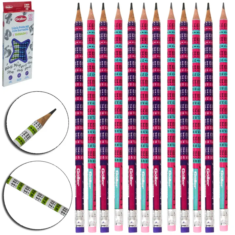 LAPIS GRAFITE HB REDONDO TABUADA COM BORRACHA COM 12 PECAS 19CM