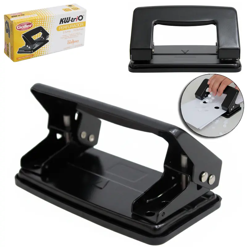 PERFURADOR DE PAPEL DE METAL DUPLO FURO PRETO 10,5X6X3,5CM