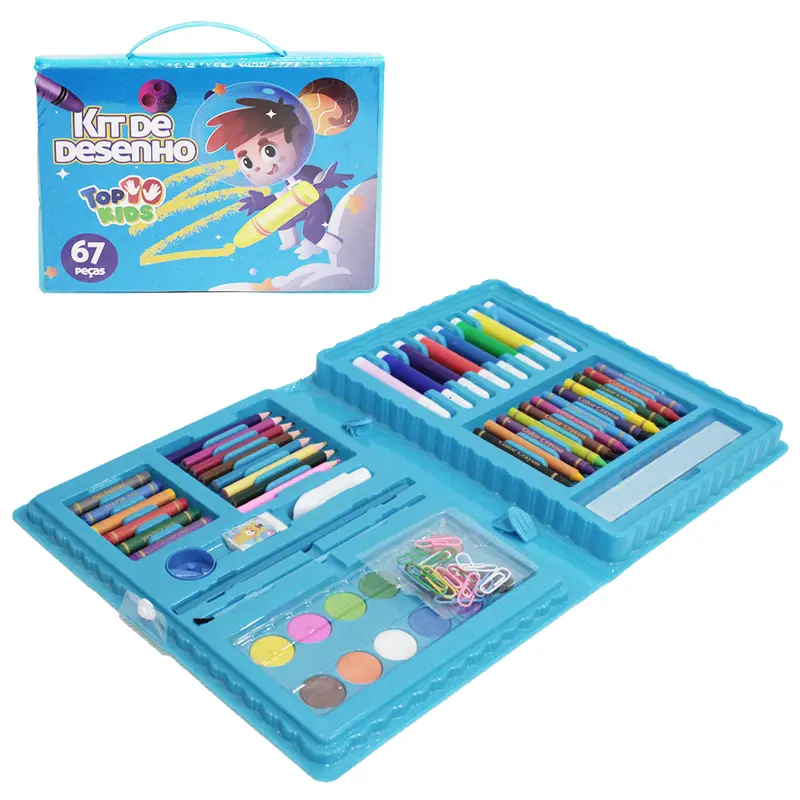 ESTOJO MALETA ESCOLAR ASTRONAUTA COM AQUARELA + GIZ DE CERA E ACESSORIOS TOP KIDS 67 PECAS