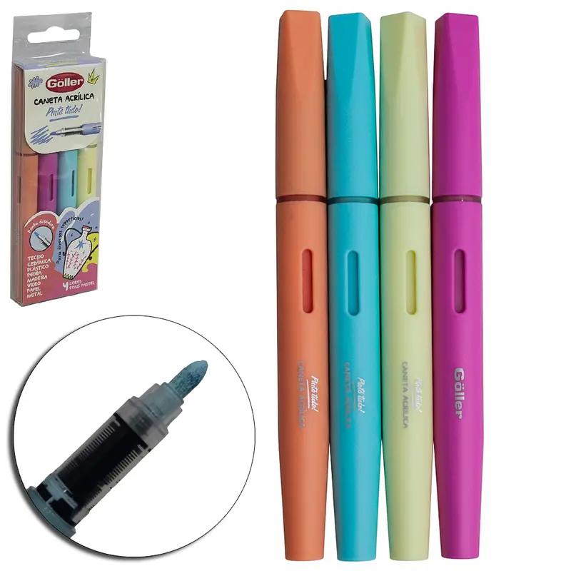 CANETA ACRILICA PINTA TUDO PONTA DOSADORA CORES PASTEL COM 4 PECAS