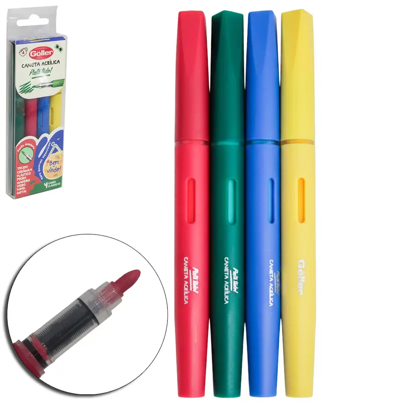 CANETA ACRILICA PINTA TUDO PONTA DOSADORA CORES CLASSICAS COM 4 PECAS