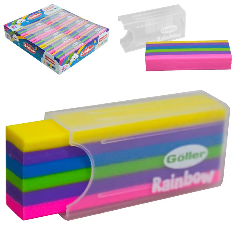 BORRACHA ESCOLAR RETANGULAR COM CAPA RAINBOW COM 20 PECAS DP PLAY