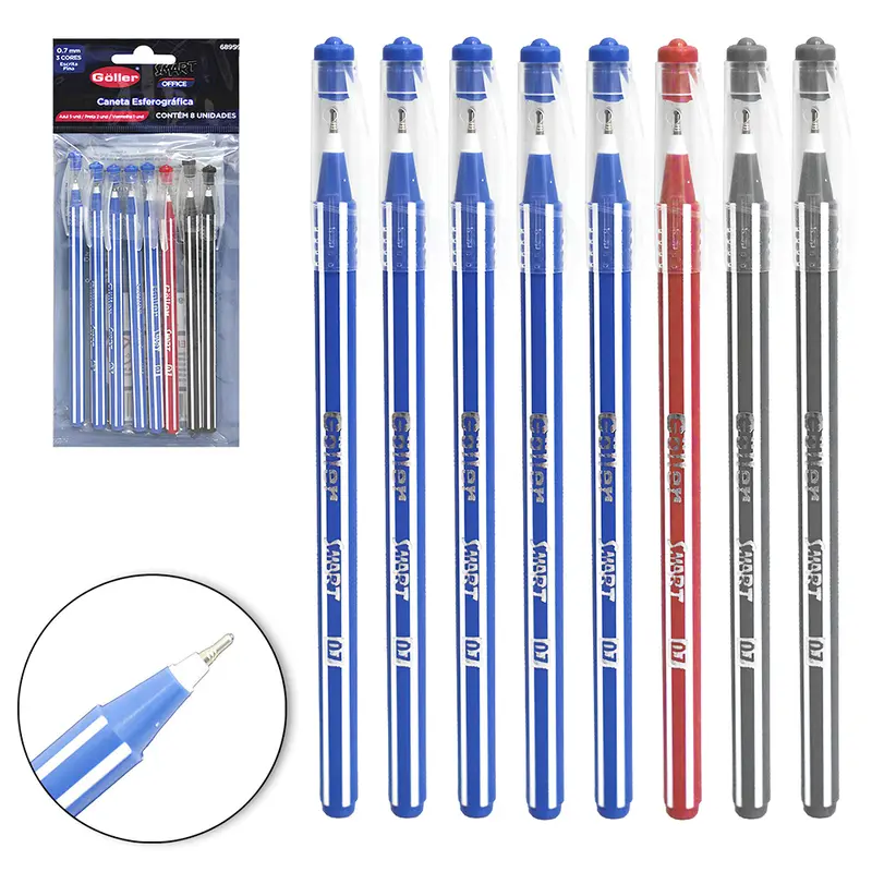 CANETA ESFEROGRAFICA SMART OFFICE AZUL / PRETA / VERMELHA 0.7MM ESCRITA FINA COM 8 PECAS