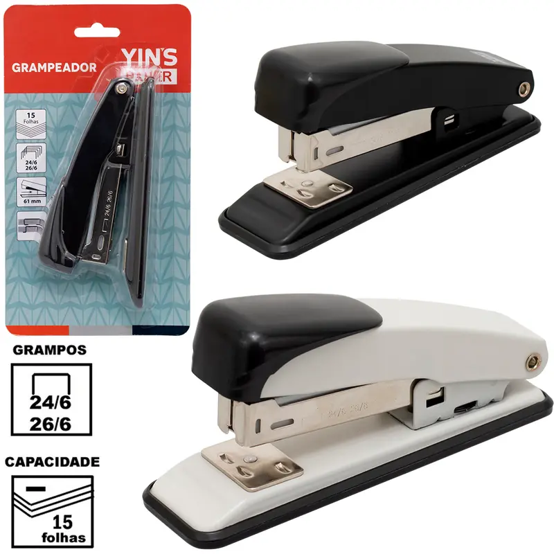 GRAMPEADOR DE METAL / PLASTICO BASICO YINS PAPER CINZA / PRETO 24/6 E 26/6 11,5CM NA CARTELA