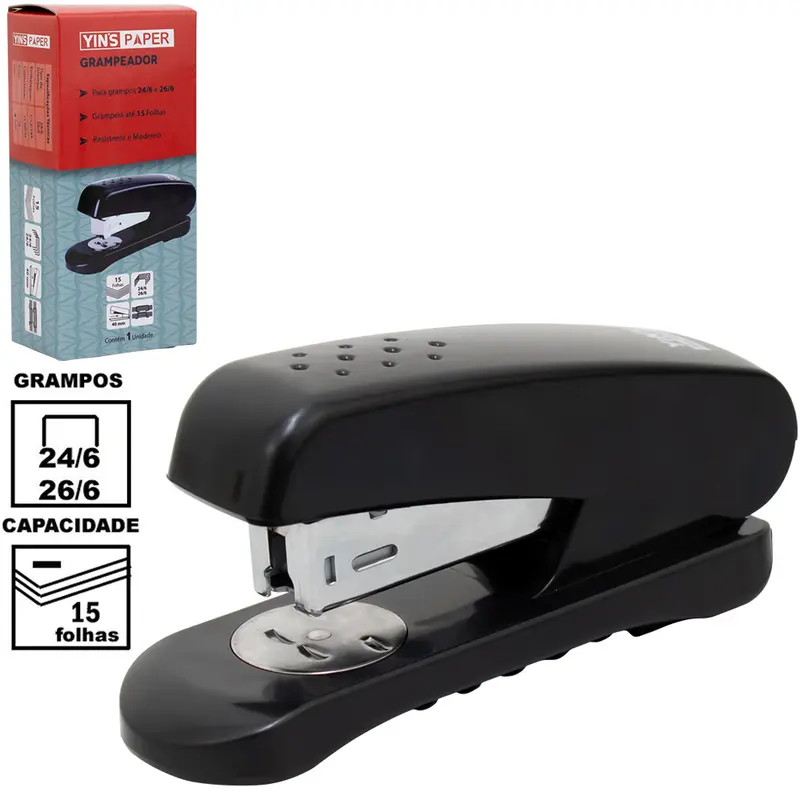 GRAMPEADOR DE METAL / PLASTICO DOTS YINS PAPER PRETO 24/6 E 26/6 11CM NA CAIXA