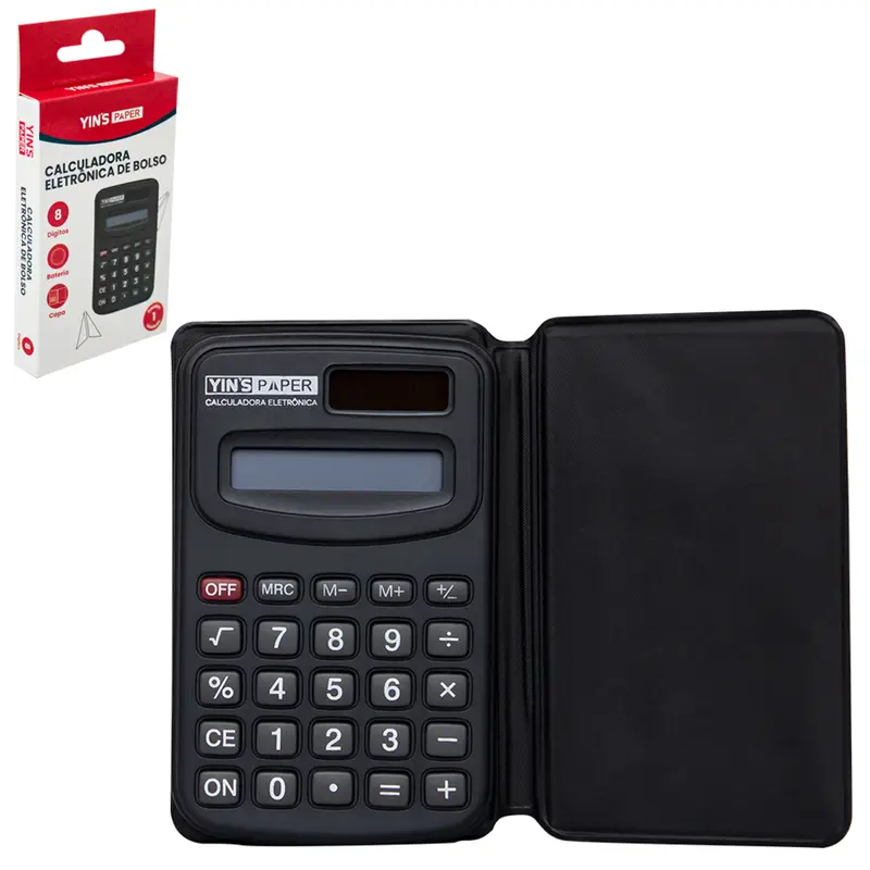 CALCULADORA ELETRONICA 8 DIGITOS DE BOLSO COM CAPA YINS PAPER A BATERIA / SOLAR 10,6X6,7CM