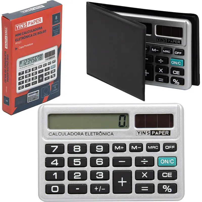 MINI CALCULADORA ELETRONICA 8 DIGITOS DE BOLSO COM CAPA YINS PAPER A BATERIA / SOLAR 8X5,4CM