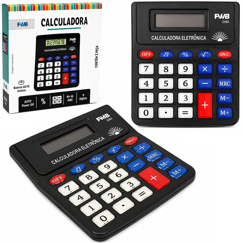 CALCULADORA ELETRONICA 8 DIGITOS BOTAO DE ACRILICO COM SOM A BATERIA 12,5X11,5CM