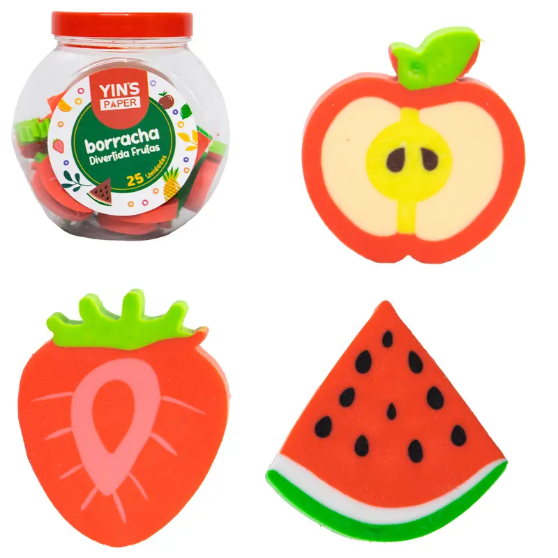 BORRACHA ESCOLAR FRUTAS YINS PAPER COM 25 PECAS NO POTE BALEIRO DE PLASTICO COM TAMPA