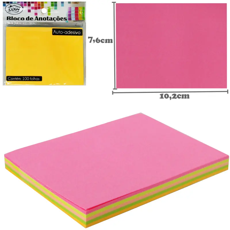 BLOCO DE ANOTACAO STICKER ADESIVO RETANGULAR COM 100 FOLHAS COLORS 10,2X7,6CM
