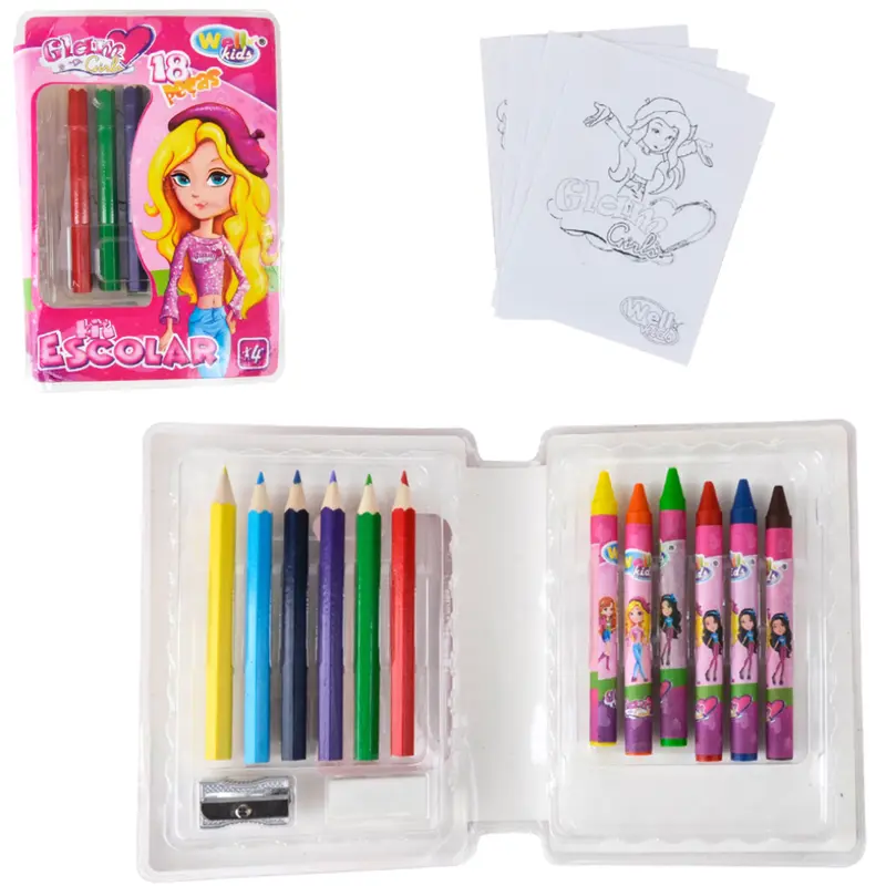 ESTOJO MALETA ESCOLAR GLAM GIRLS COM LAPIS DE COR + GIZ DE CERA E ACESSORIOS 18 PECAS WELLESC