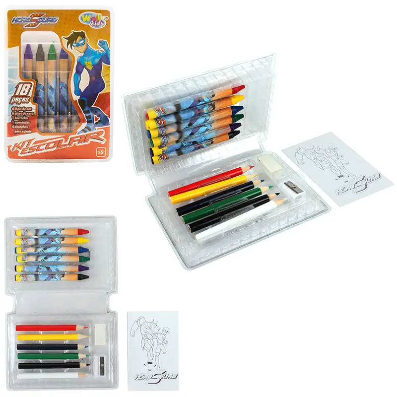 ESTOJO MALETA ESCOLAR HERO SQUAD COM LAPIS DE COR + GIZ DE CERA E ACESSORIOS 18 PECAS