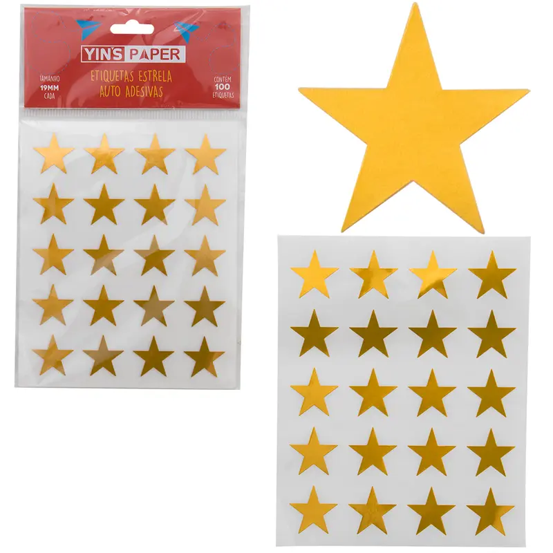 ADESIVO / ETIQUETAS ESTRELA DOURADA YINS PAPER COM 100 PECAS 19MM
