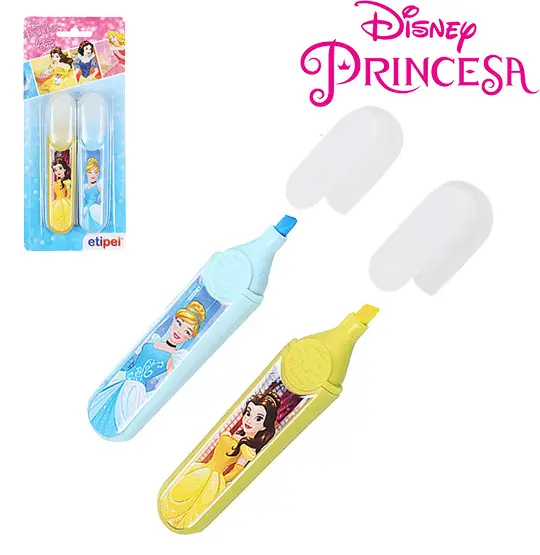 CANETA MARCA TEXTO AZUL/AMARELO COM 2 PECAS PRINCESAS NA CARTELA
