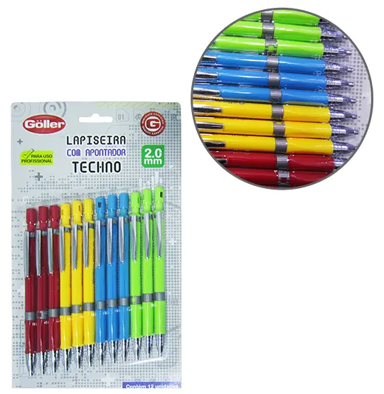 LAPISEIRA TECHNO COLORS 2.0MM COM APONTADOR COM 12 PECAS NA CARTELA