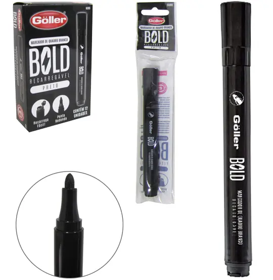 MARCADOR RECARREGAVEL PRETO BOLD PARA QUADRO BRANCO COM 12 PECAS NA CAIXA